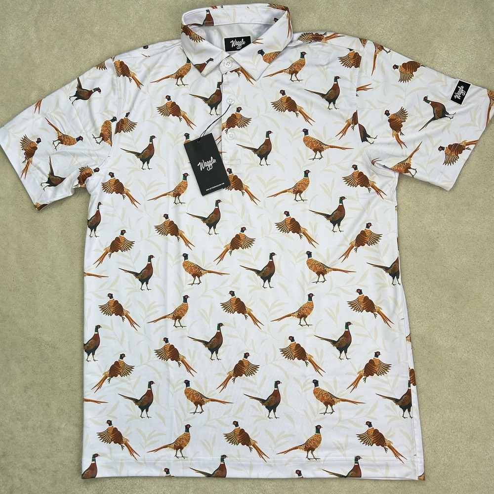 Waggle Polo Shirt Mens Med The Flush Pheasants Print Golf Stretch Performance - Picture 2 of 6